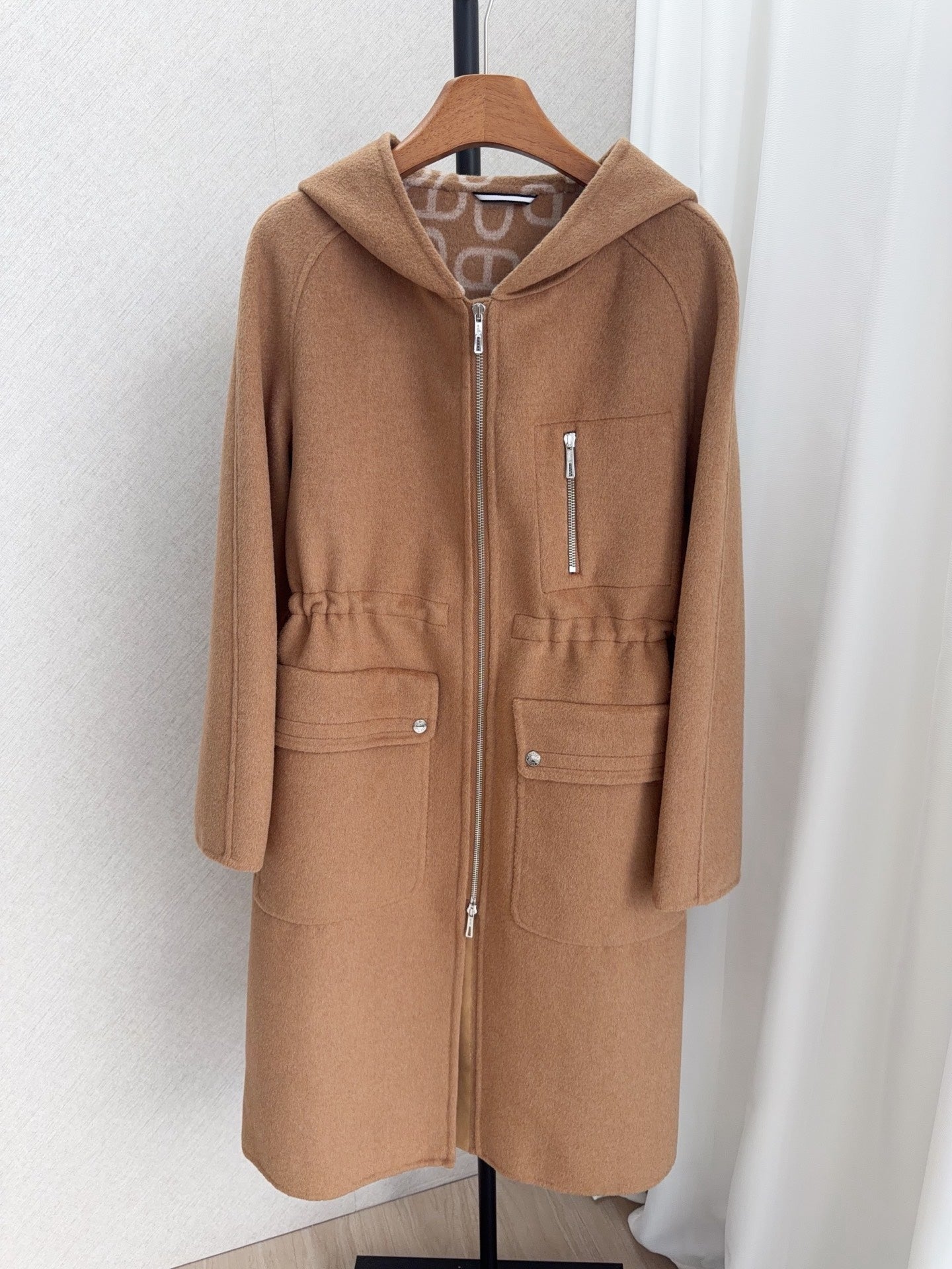 HM 26FW Hooded Zip-Up Coat Printed Hood Lining Cashmere 440840