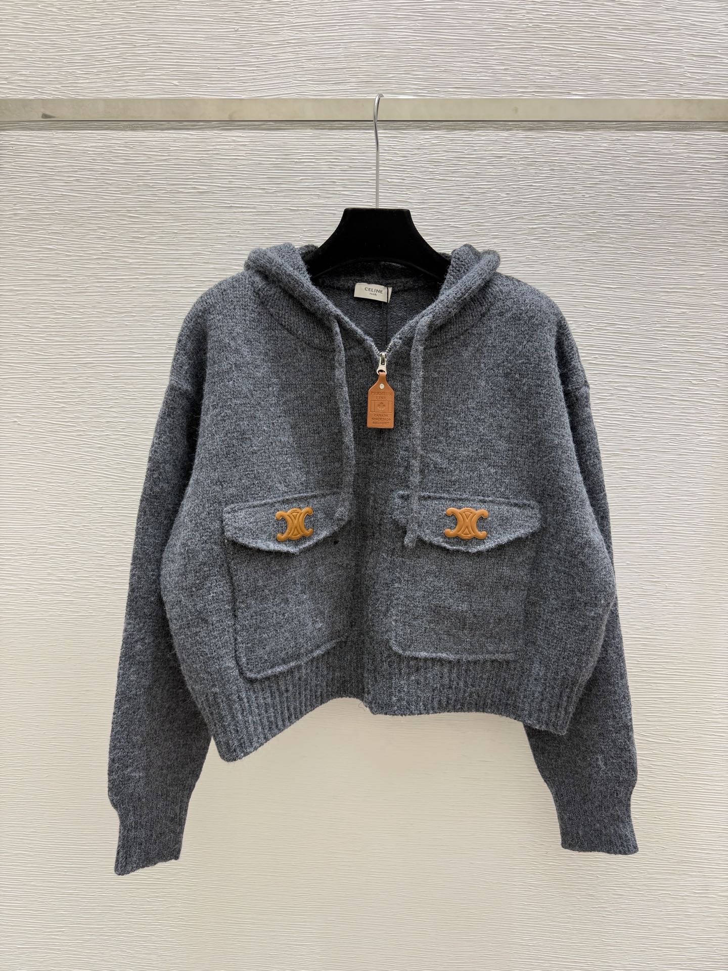 CE 26FW Cropped Knit Zip-Up Hoodie Triomphe Logo Flap Pockets Heather Wool 313322