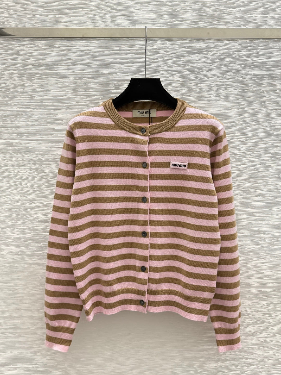 Miu 26FW Striped Knit Cardigan Round Neck Button-Front Wool 313339