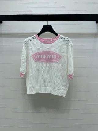 Miumiu 2026 Crew Neck Openwork Knit Short-sleeved Shirt Wool