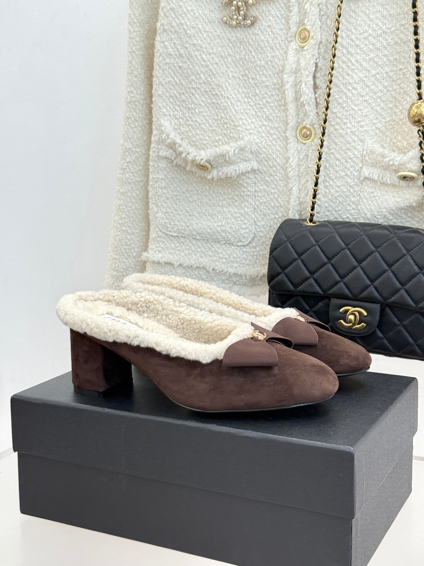 Chanel FW26Bow Mules Heeled Sandals Leather Suede Shearling 188192