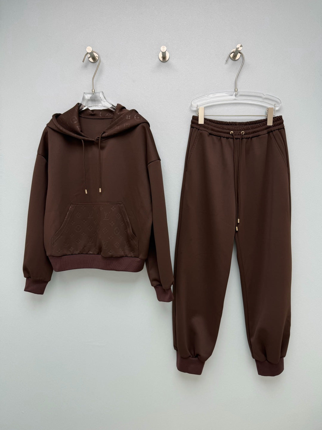 LV 26s Monogram Pocket Hoodie Sweatsuit Brown Black Cotton 444657