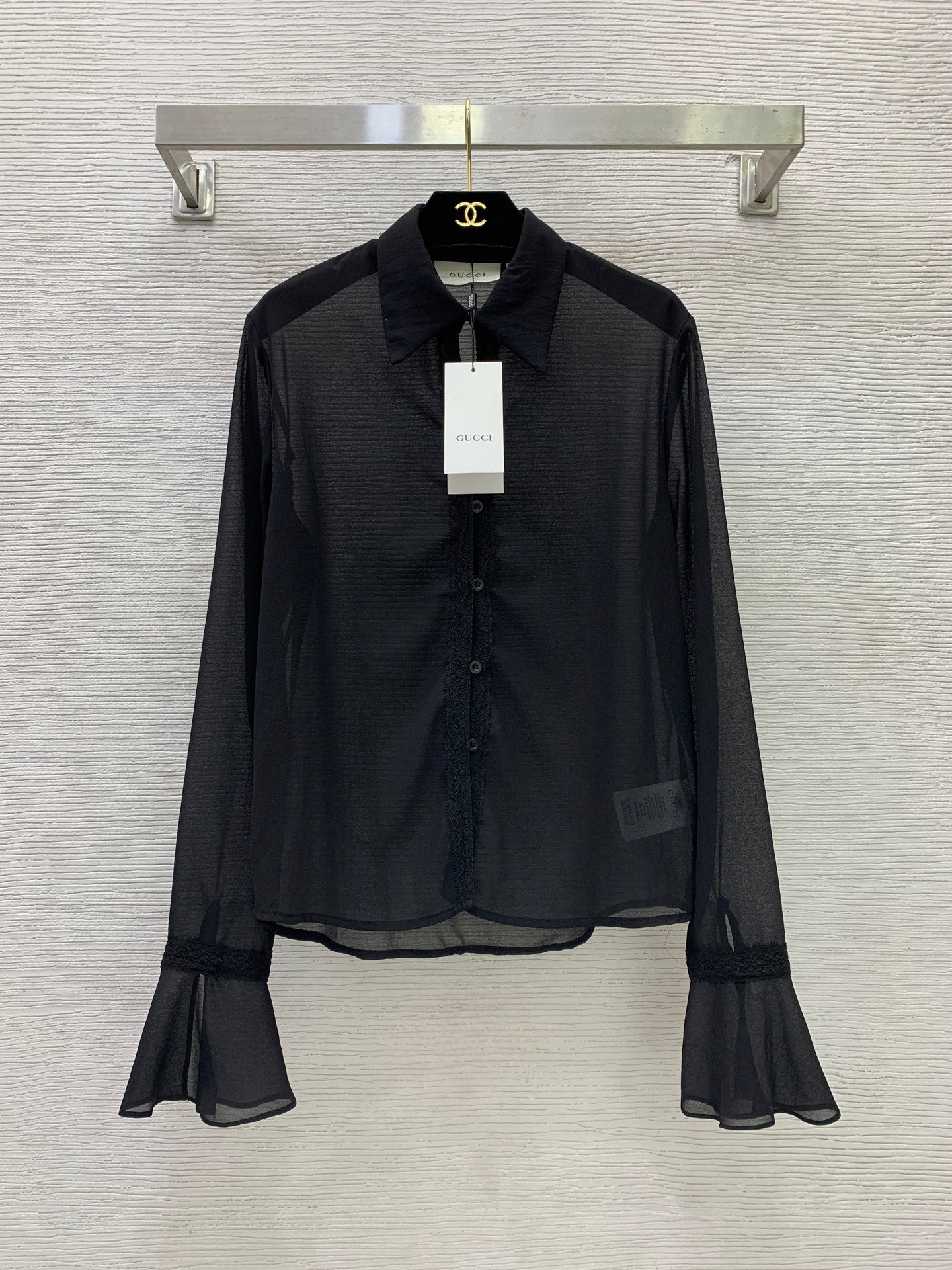 Gucci 26s Shirt Sheer Lace Flared Sleeve Black White 445200