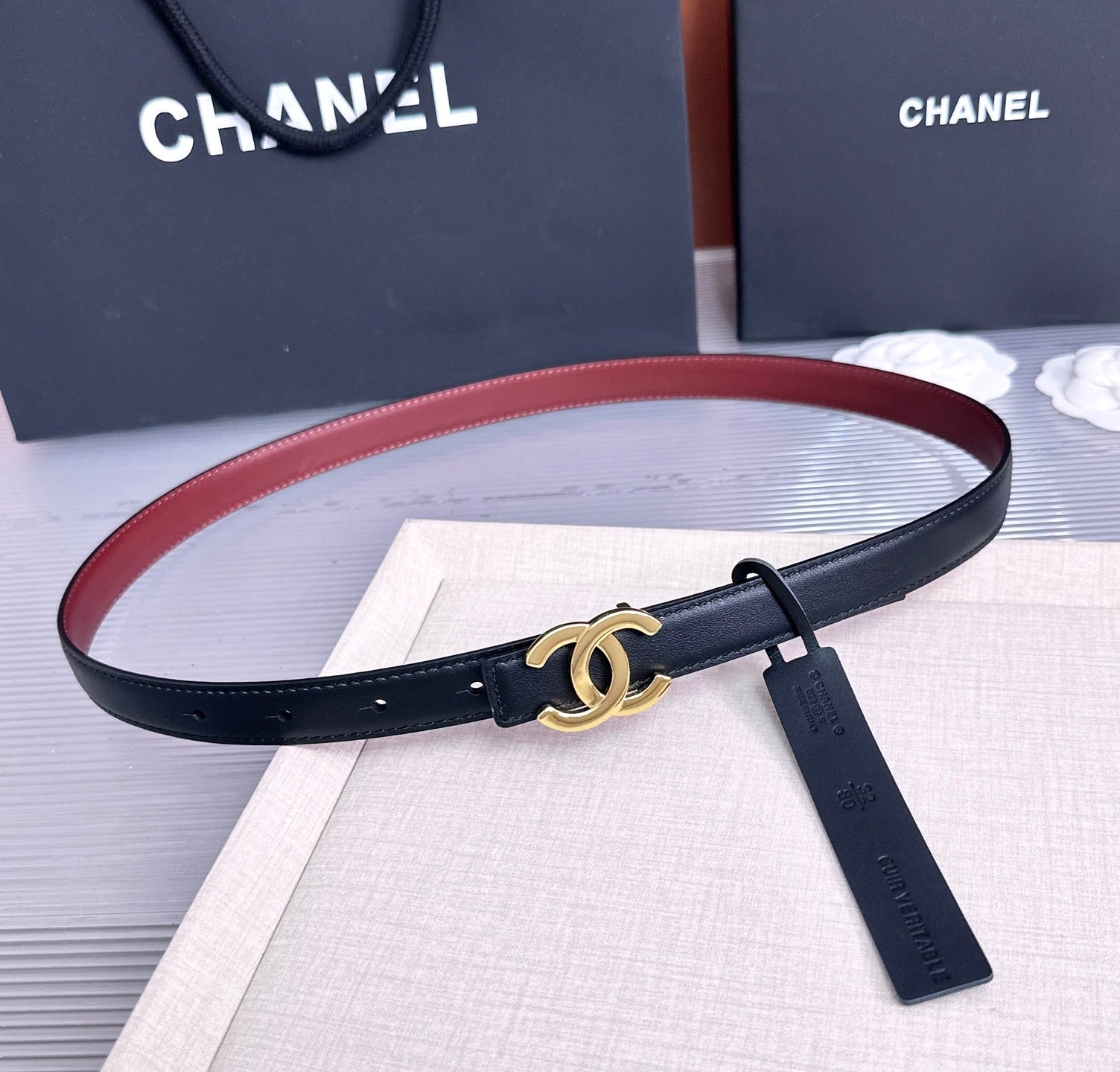 CC 26s 2cm Belt Black Burgundy Calfskin