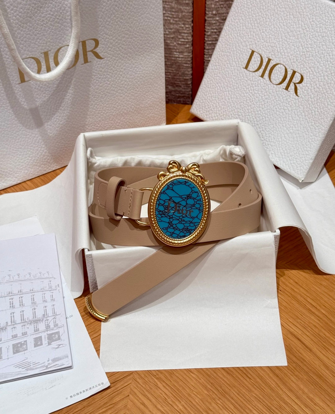 CD 26FW Medaillon Belt 2.5cm Turquoise-Effect Buckle Beige Calfskin 220648